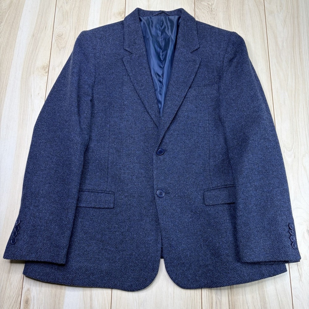 Kirrin Finch Blazer Size XL Blue Herringbone Tweed Wool Blend Sport Coat Italy